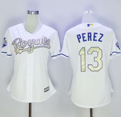 Royals #13 Salvador Perez White 2015 World Series Champions Gold Program Cool Base Women's Stitched MLB Jersey - Click Image to Close